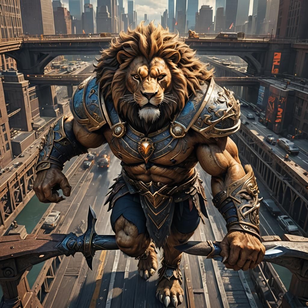 Muscular Werelion Warrior on New York Bridge