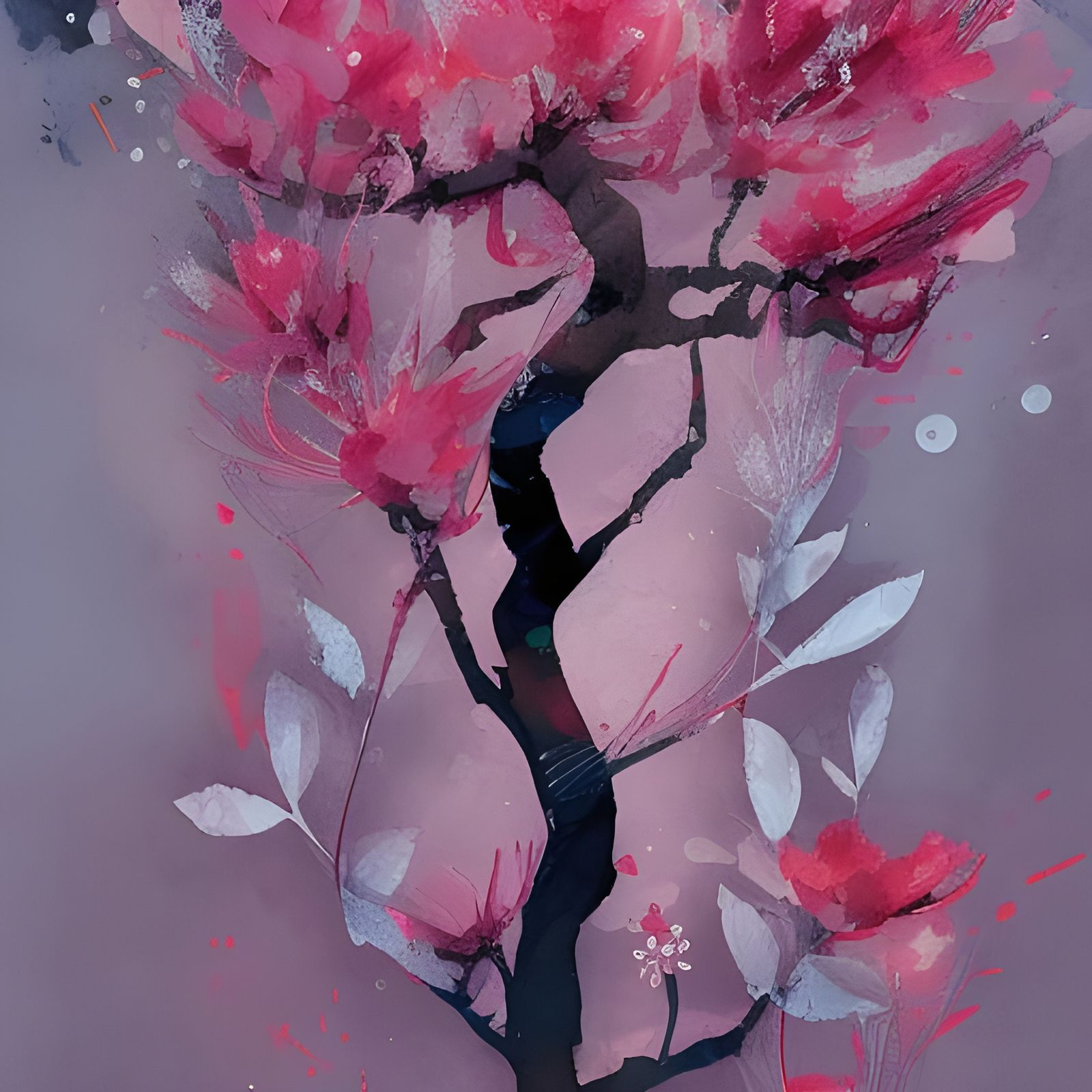 Blooming Cherry Tree Gouache Painting with Watercolor Accent...