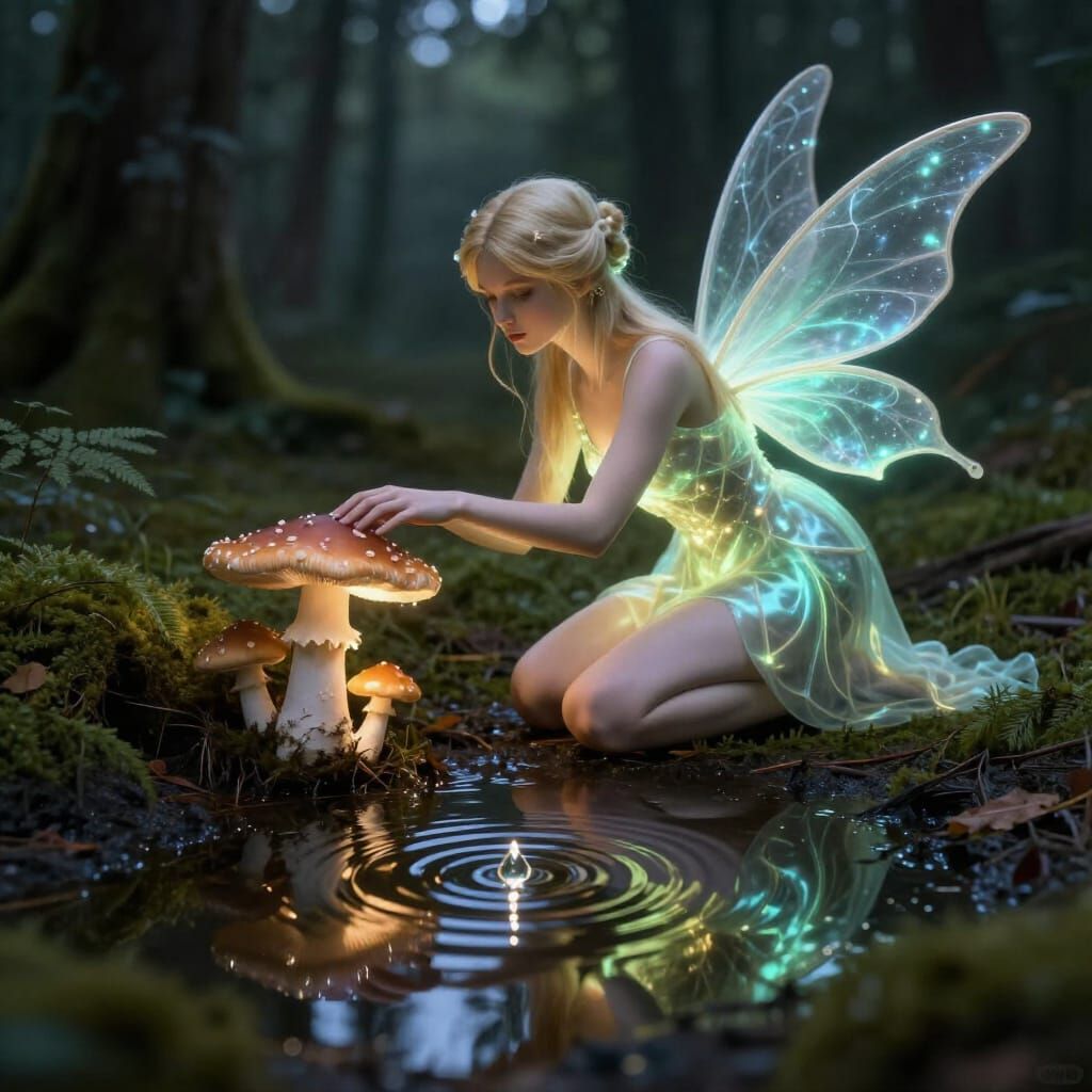 Glowing Fairy Kneeling by Mushroom Puddle