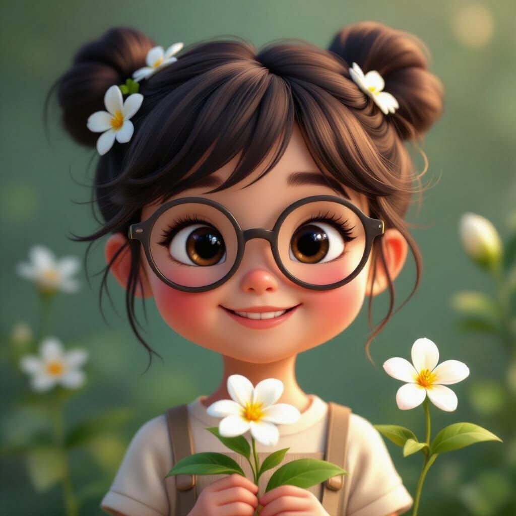 Pixar-Style Girl with Jasmine Flower and Cartoon Glasses