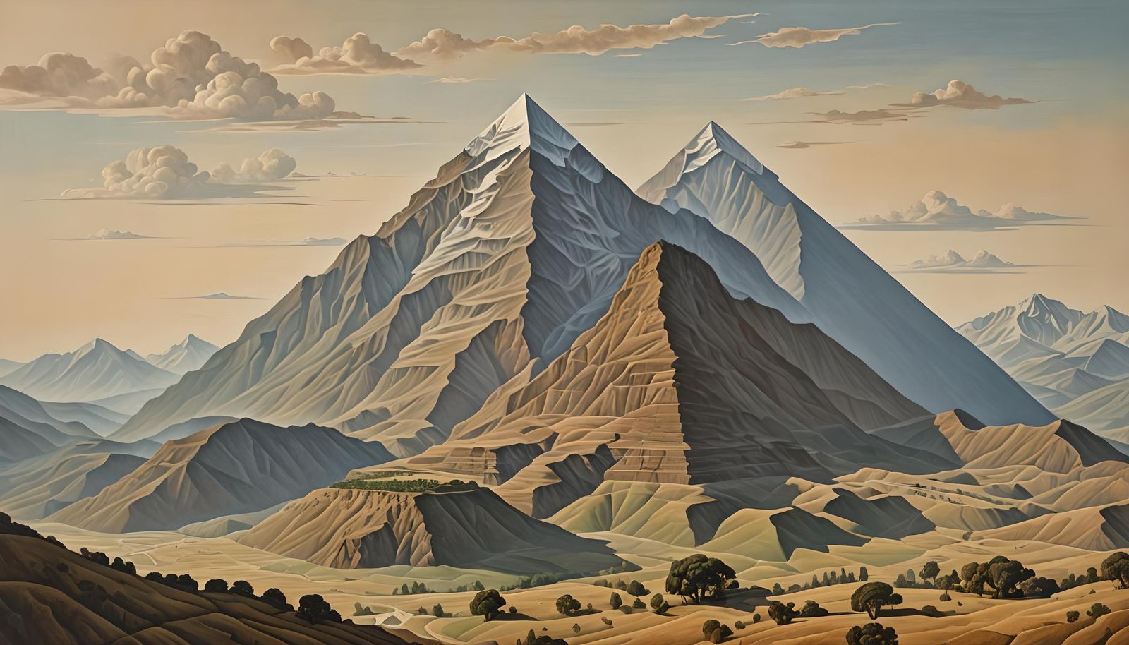Op Art Mountain Landscape with Pyramids