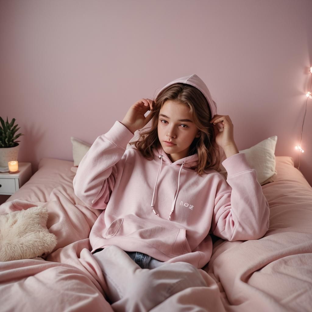 Teenager Relaxing on Pink Bed with Phone in Soft Light