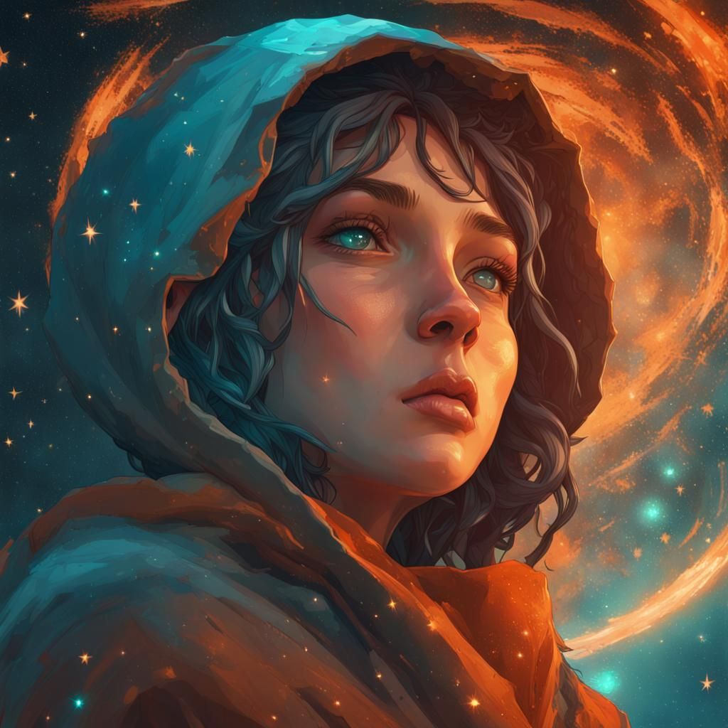 Girl's Face in Starry World: Hyperdetailed Concept Art