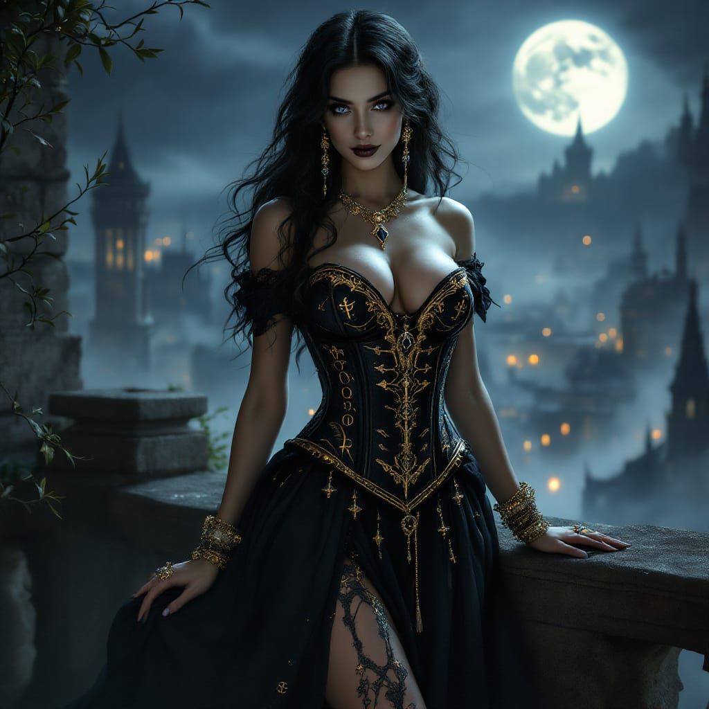 Evelyn the six fingered witch standing on an ancient stone balcony overlooking a misty gothic cityscape under a full moo...