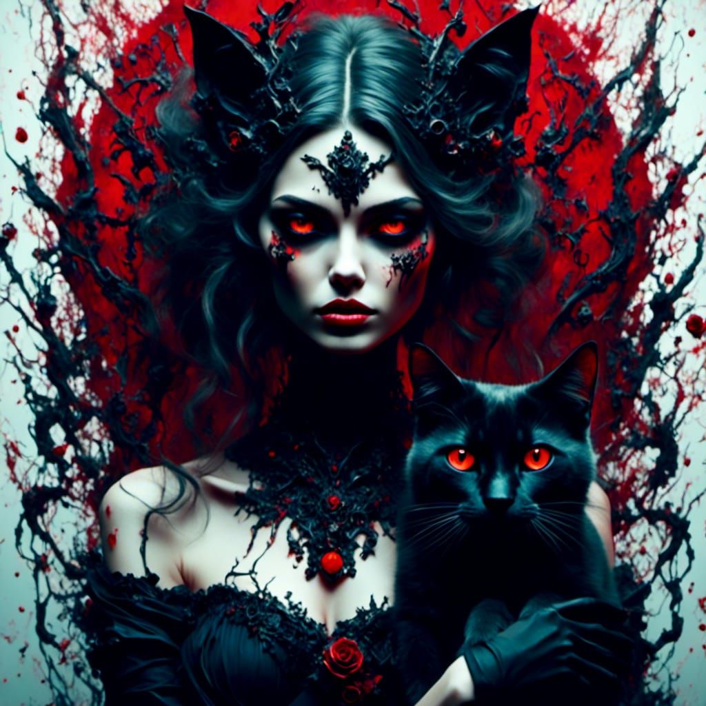 Elegant Woman with Spectral Cat in Black Dress