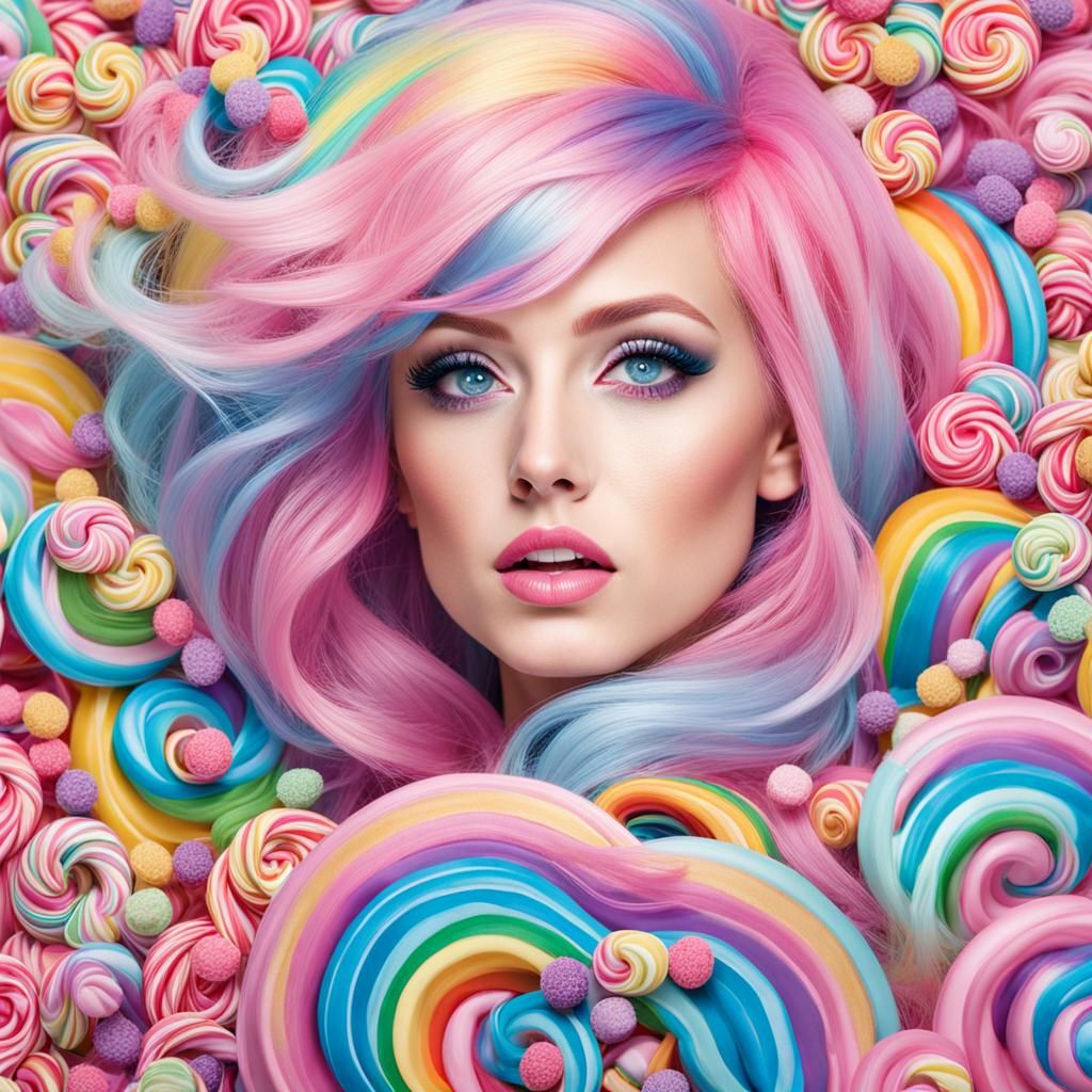 Candy Woman Portrait with Pastel Rainbow Hair