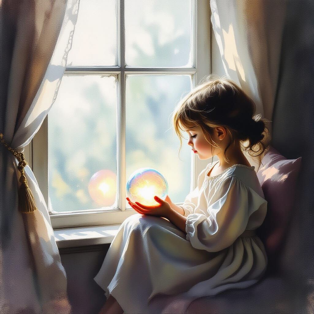 Child Gazes at Glowing Crystal Ball in Diffused Light