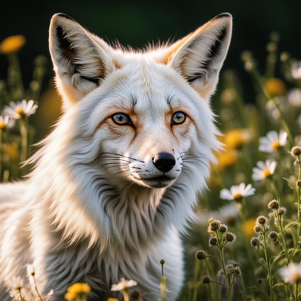 Hyperrealistic Leucistic Fox in Lush Wildflower Field