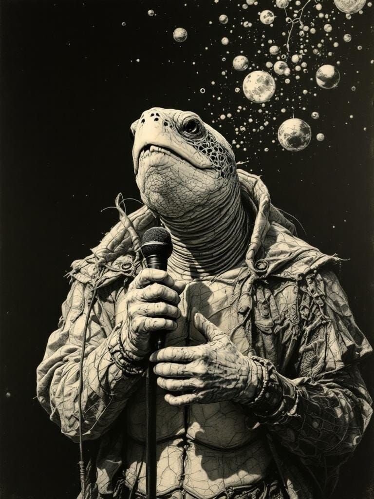Singing Turtle on Stage in Scrimshaw Style