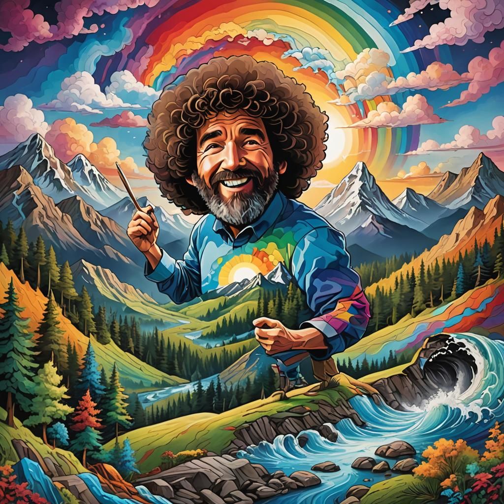 Bob Ross Action Painting: Mountains, Rainbow, Sunrise