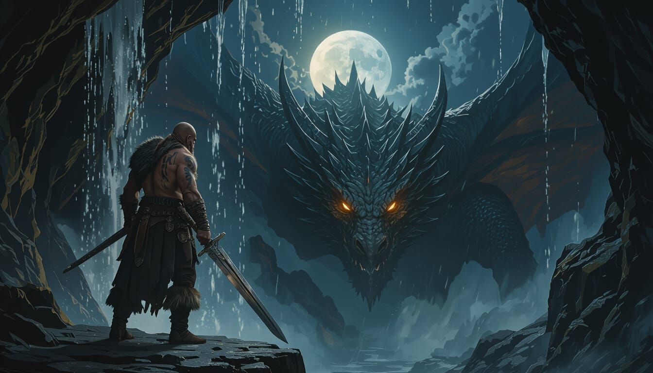 Elderly Viking Warrior with Dragon in Moonlit Cave