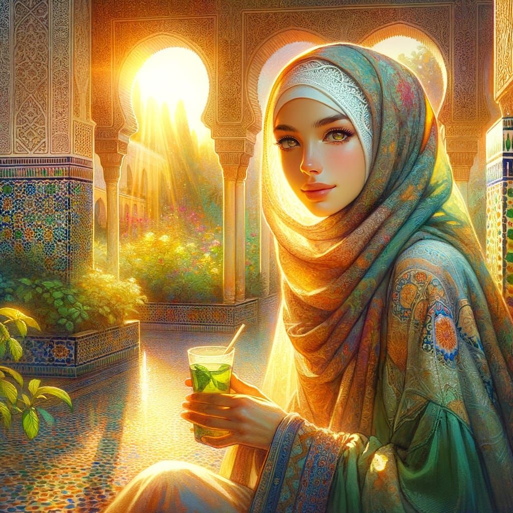 Serene Muslim Woman in Moroccan Courtyard, Art Nouveau Style
