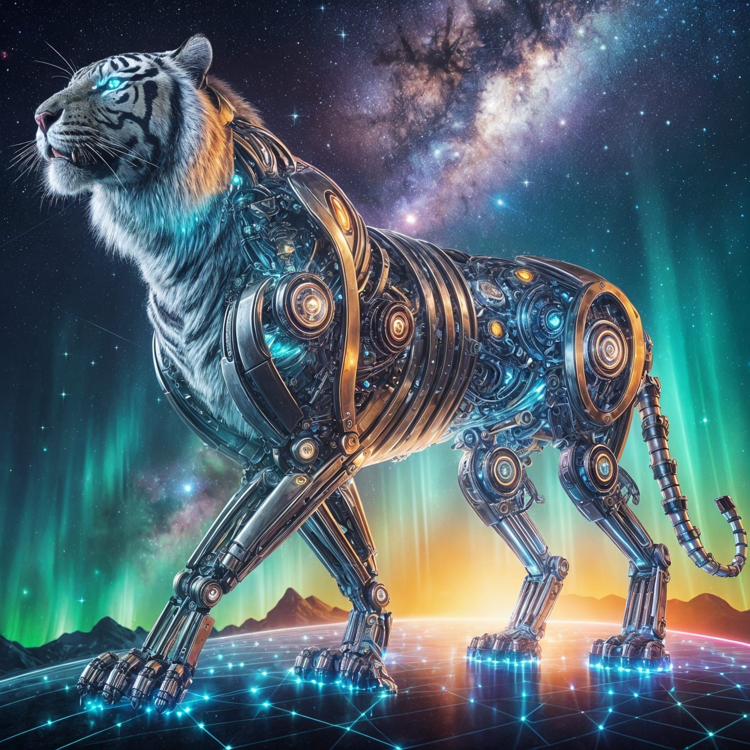 Futuristic Cyborg Bengal Tiger with Metallic Limbs