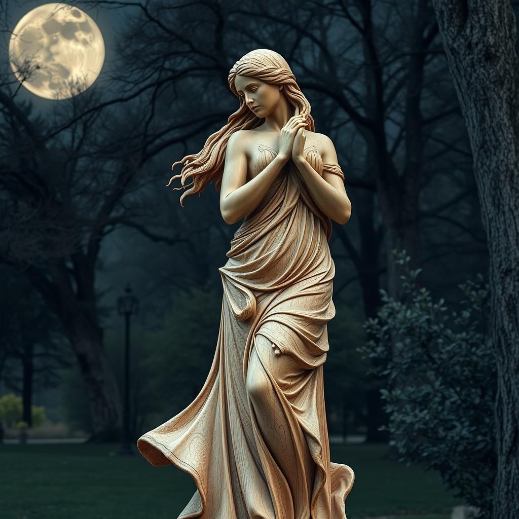 Moonlit Muse: Hyper-Realistic Wooden Calliope Statue