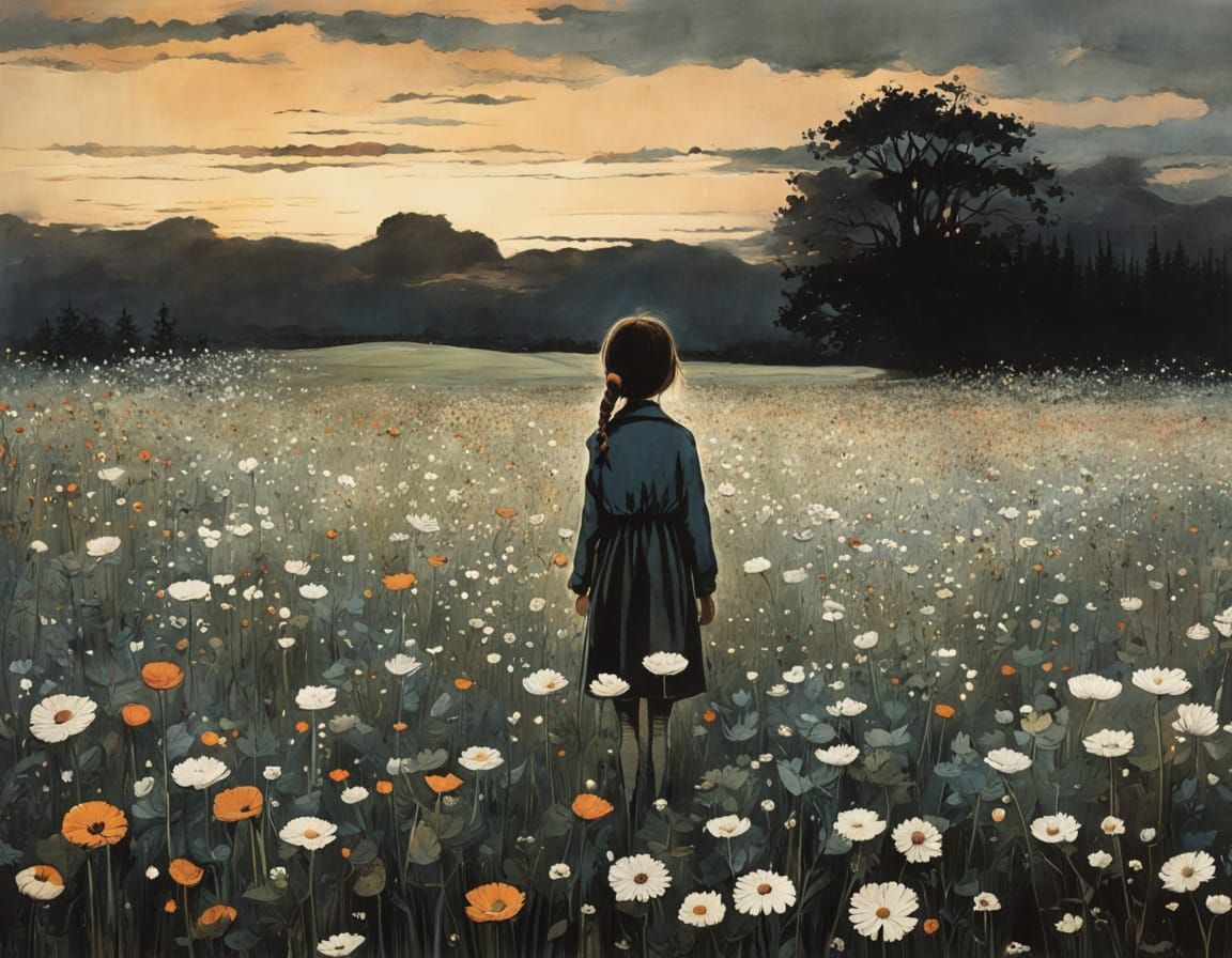 Girl in a Vibrant Floral Landscape