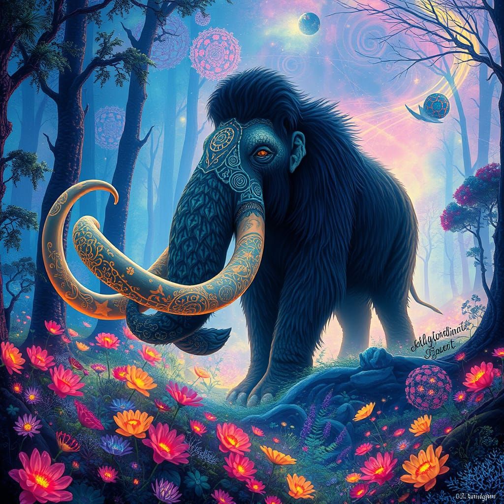Woolly Mammoth in Bioluminescent Forest, Surreal Fantasy Art
