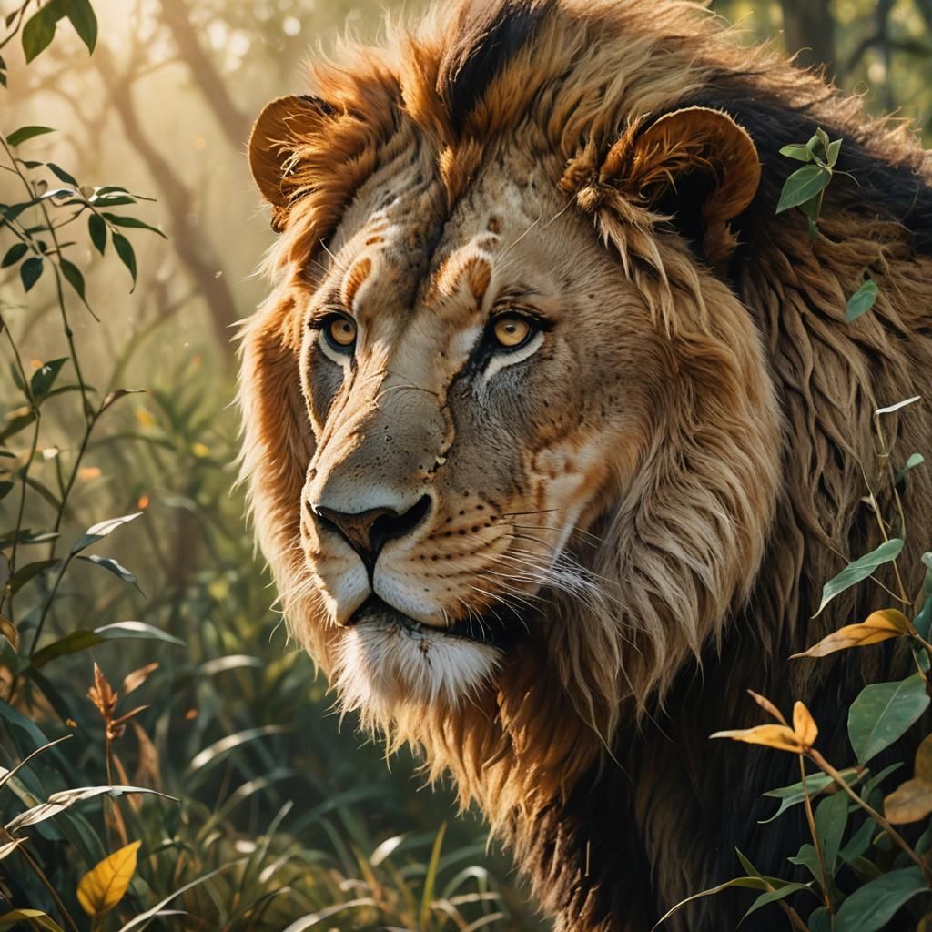Lion Portrait in Golden Light, Hyperrealistic Concept Art