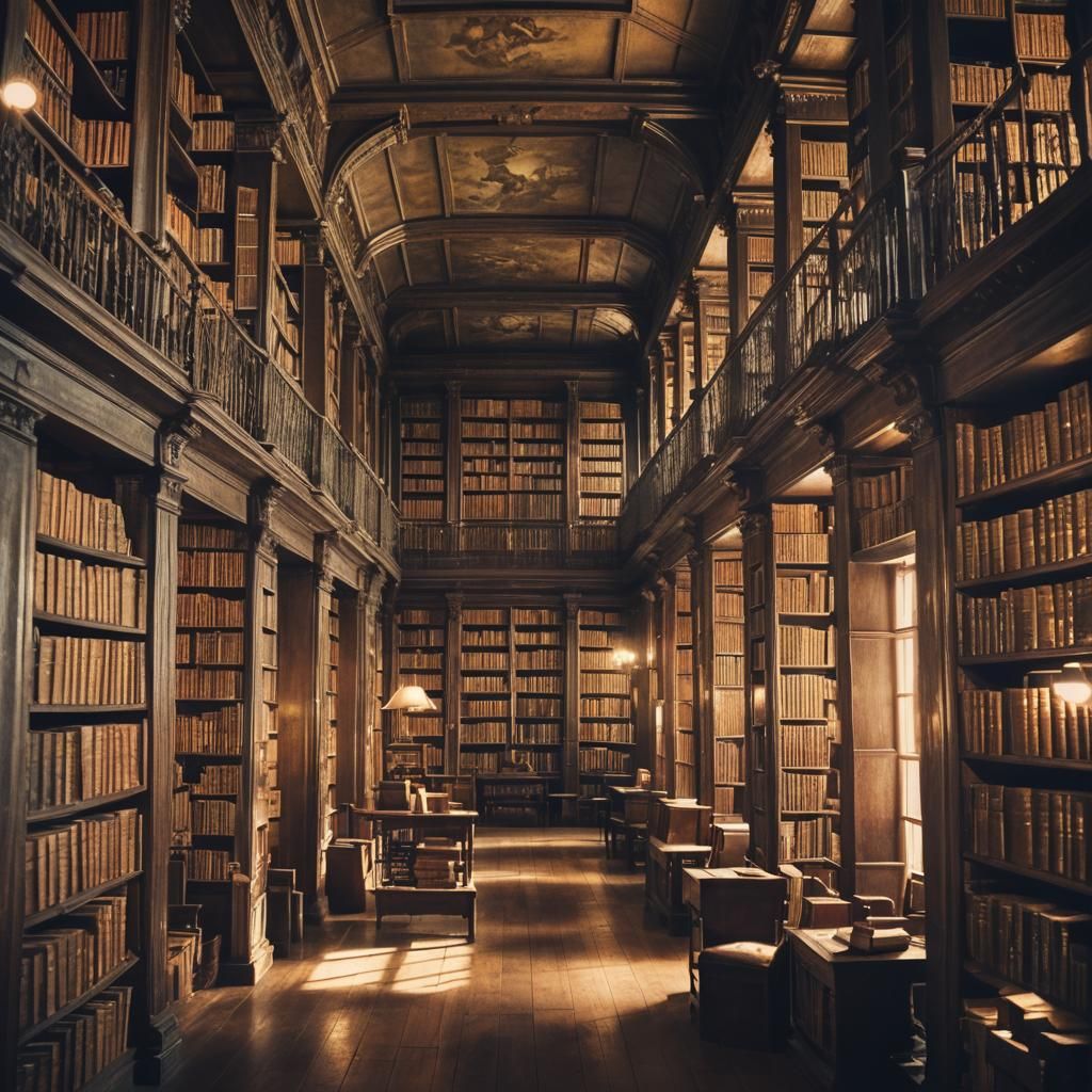 Ancient Library with Elaborate Books in Soft Light