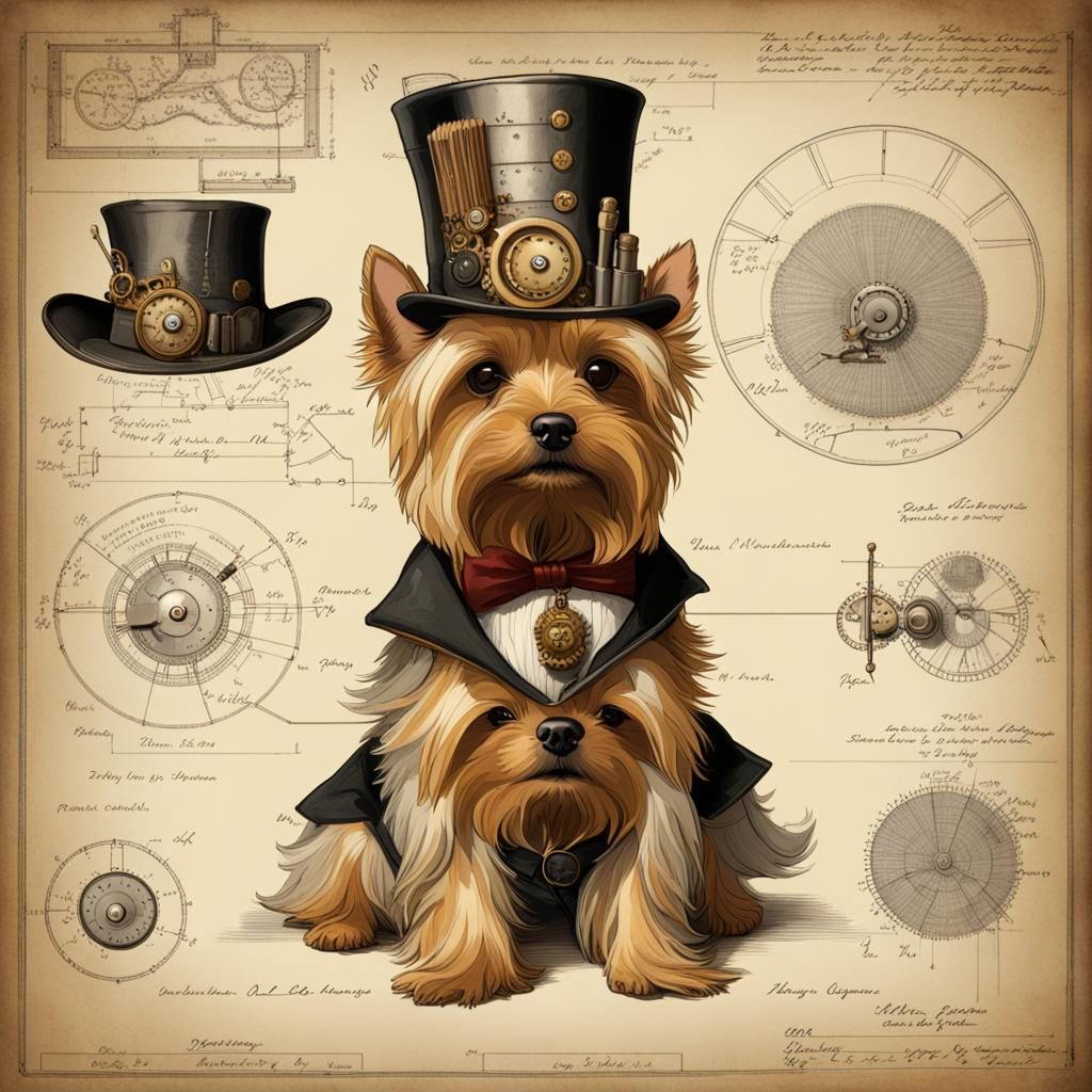 schematics of a mechanical, steampunk golden Yorkshire Terrier, wearing a top hat,  18th century atlas, detailed trendin...