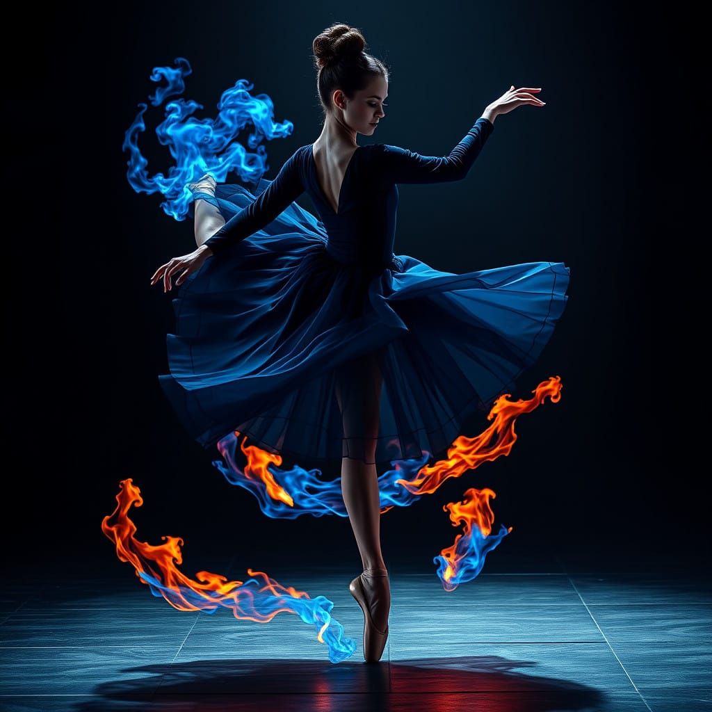 Ballet Dancer Ignites with Dark Blue Flames