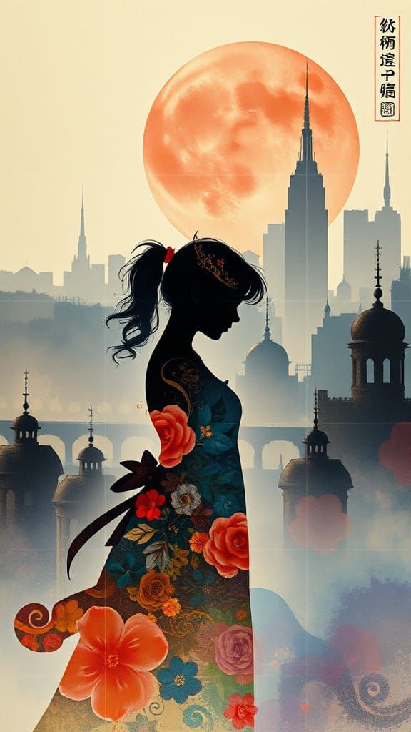 Elegant Girl Surrounded by Whimsical Cityscape in Art Nouvea...