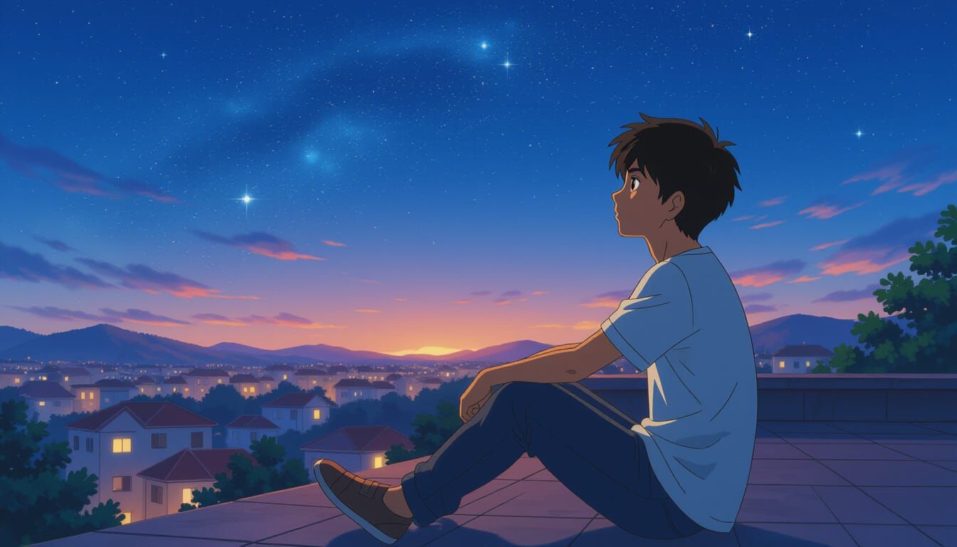 Teenage Boy Gazes at Starry Sky on Rooftop