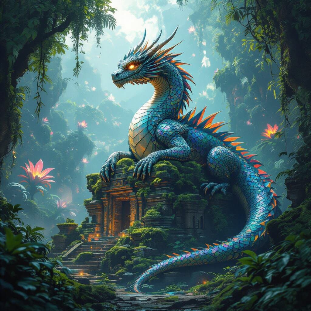 Ancient Dragon on Ruined Temple in Bioluminescent Jungle