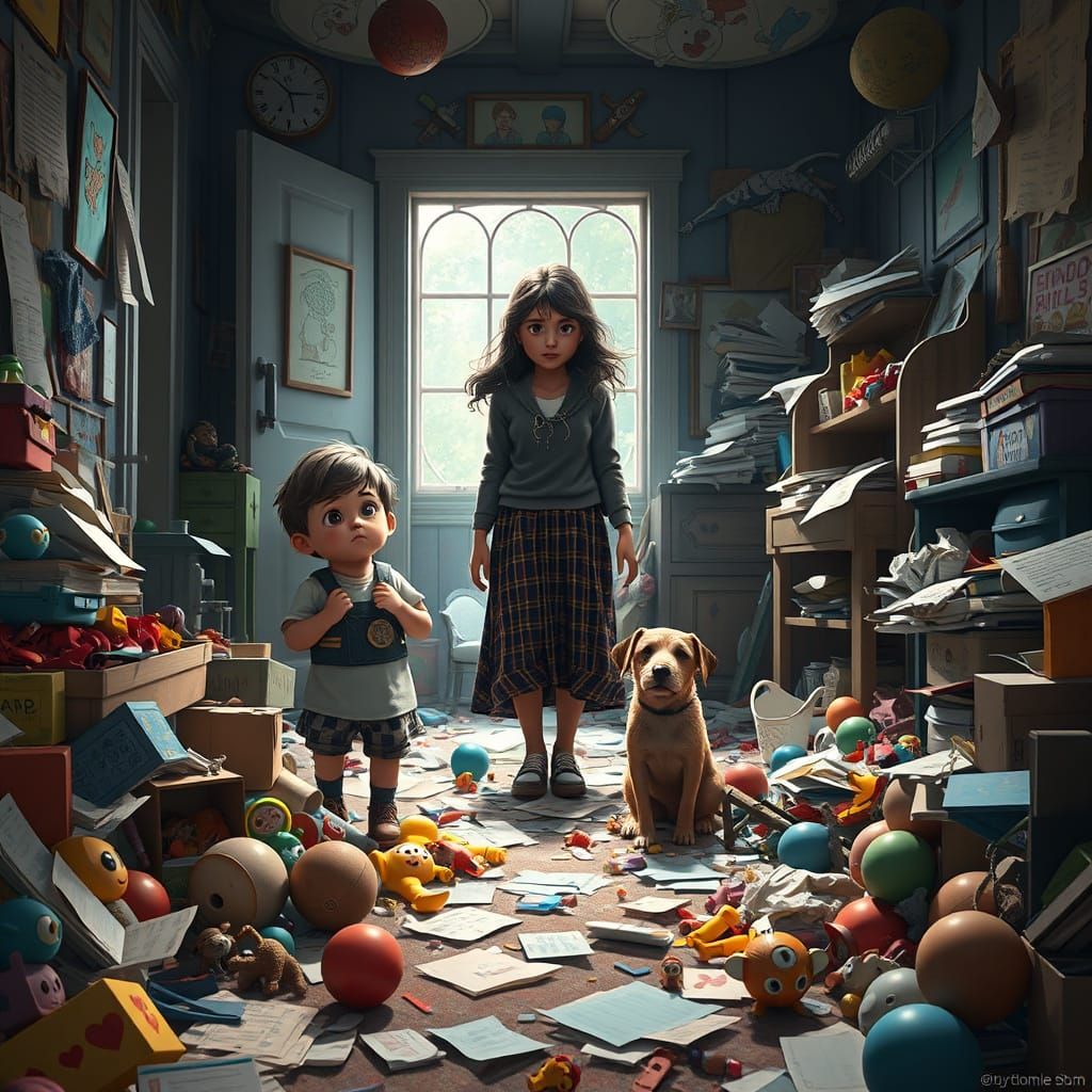 Tired Mom Confronts Messy Room with Guilty Kids and Dog