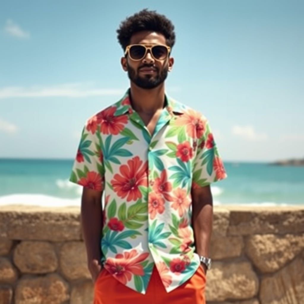 Man in Hawaiian Shirt by Sea, in Surreal Style