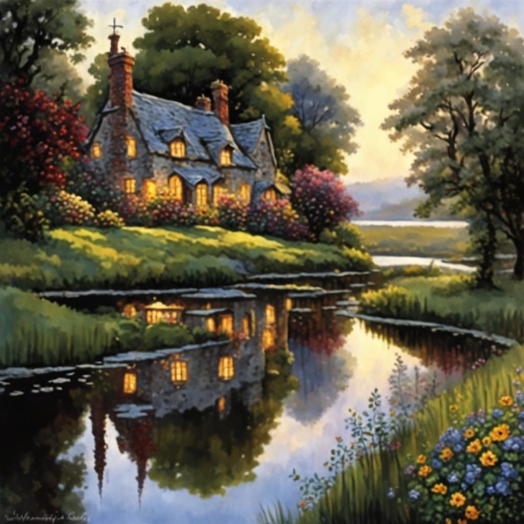 Rustic Village Scene in Impressionist Style