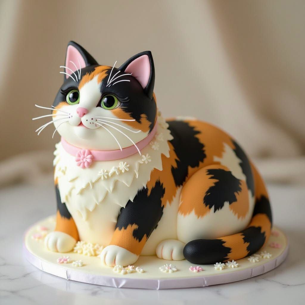 Whimsical Calico Cat Cake With Fondant Details