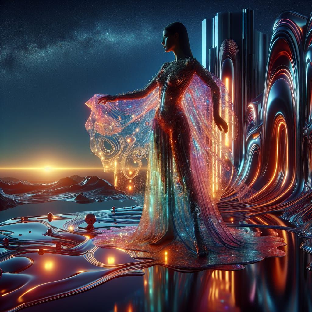 Futuristic Woman in Iridescent Garment: Surreal 3D Art