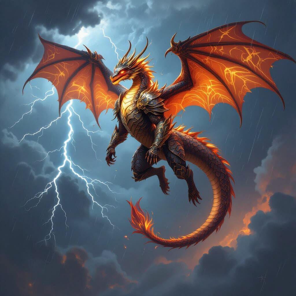 Fire Dragon Soaring Through Stormy Sky, Art Nouveau Style