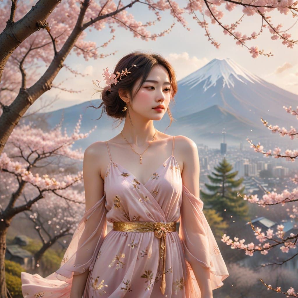 Elegant Woman Under Cherry Blossoms in Watercolor Style