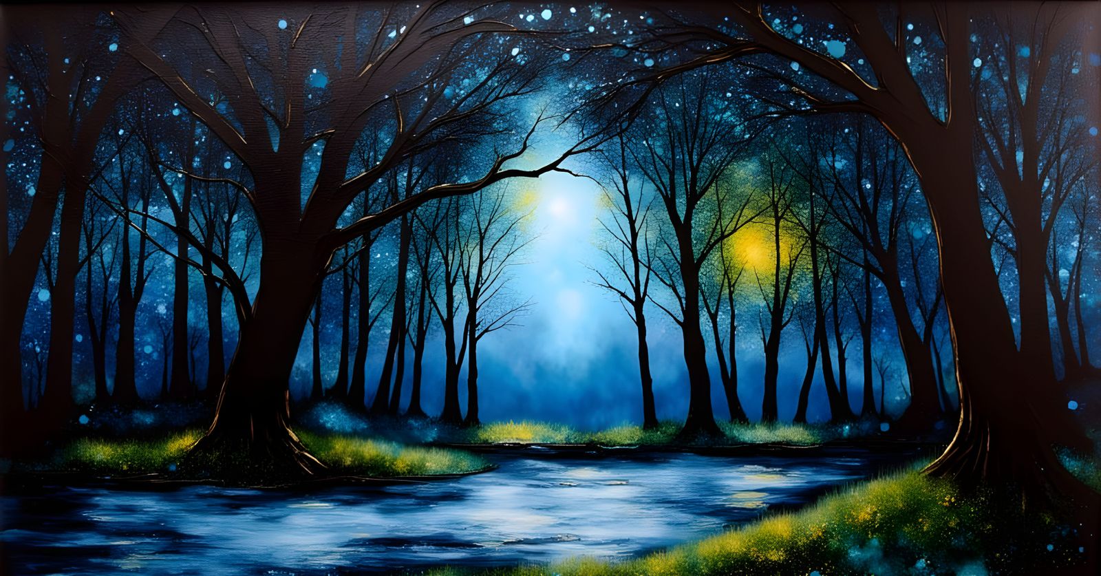 Encaustic Painting of a Misty Midnight Forest Under Moonligh...