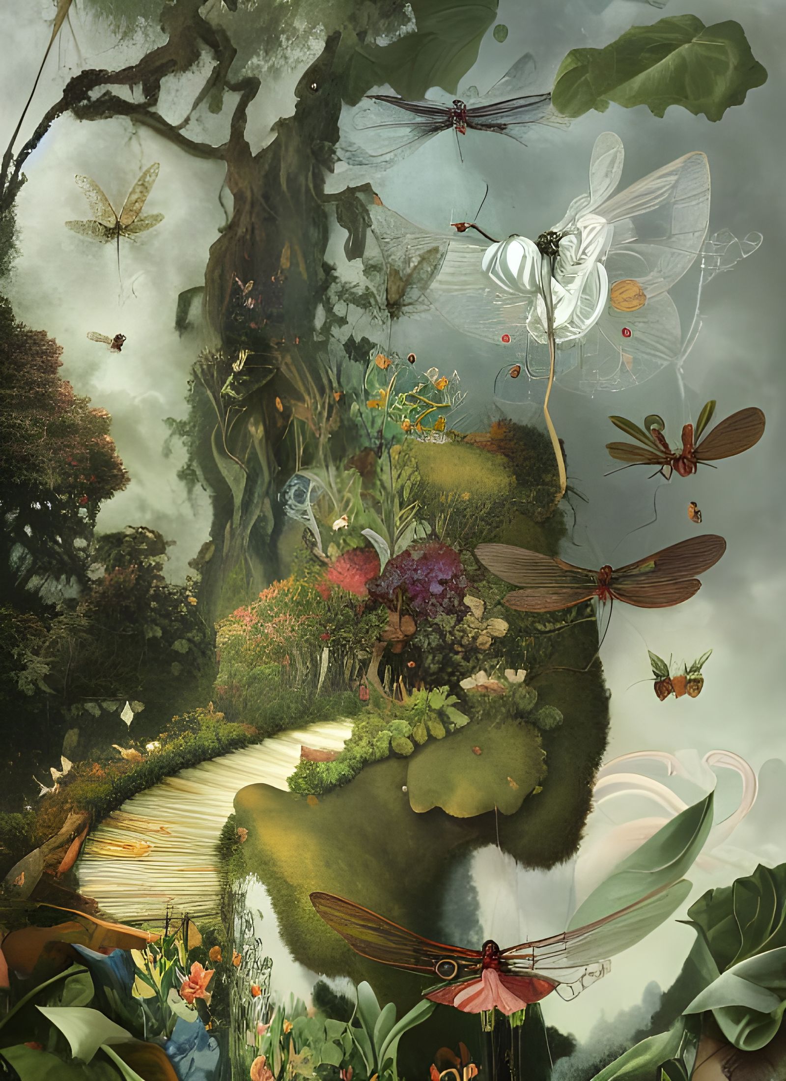 Lush Garden with Large Being in Surreal Style