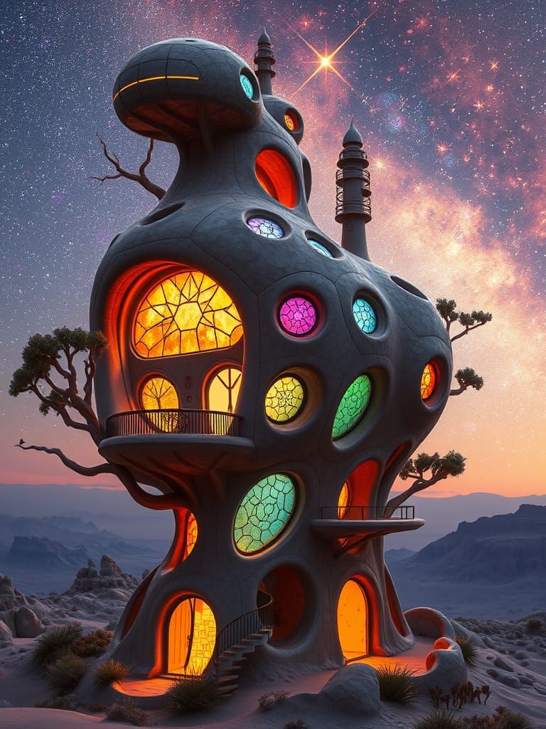 Surreal Futuristic Treehouse in the Desert with Spectral Sto...