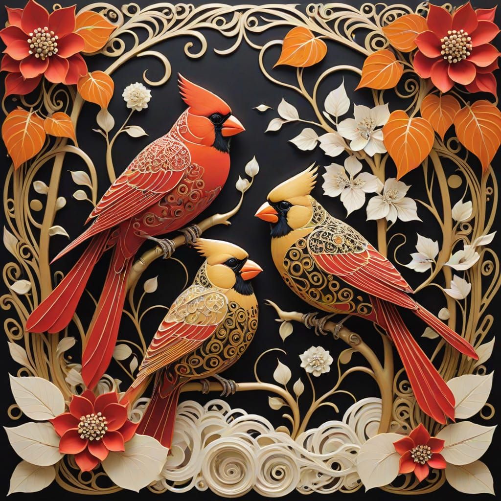 Golden Art Nouveau Red Cardinal Pair Amidst Vibrant Ruby Ber...