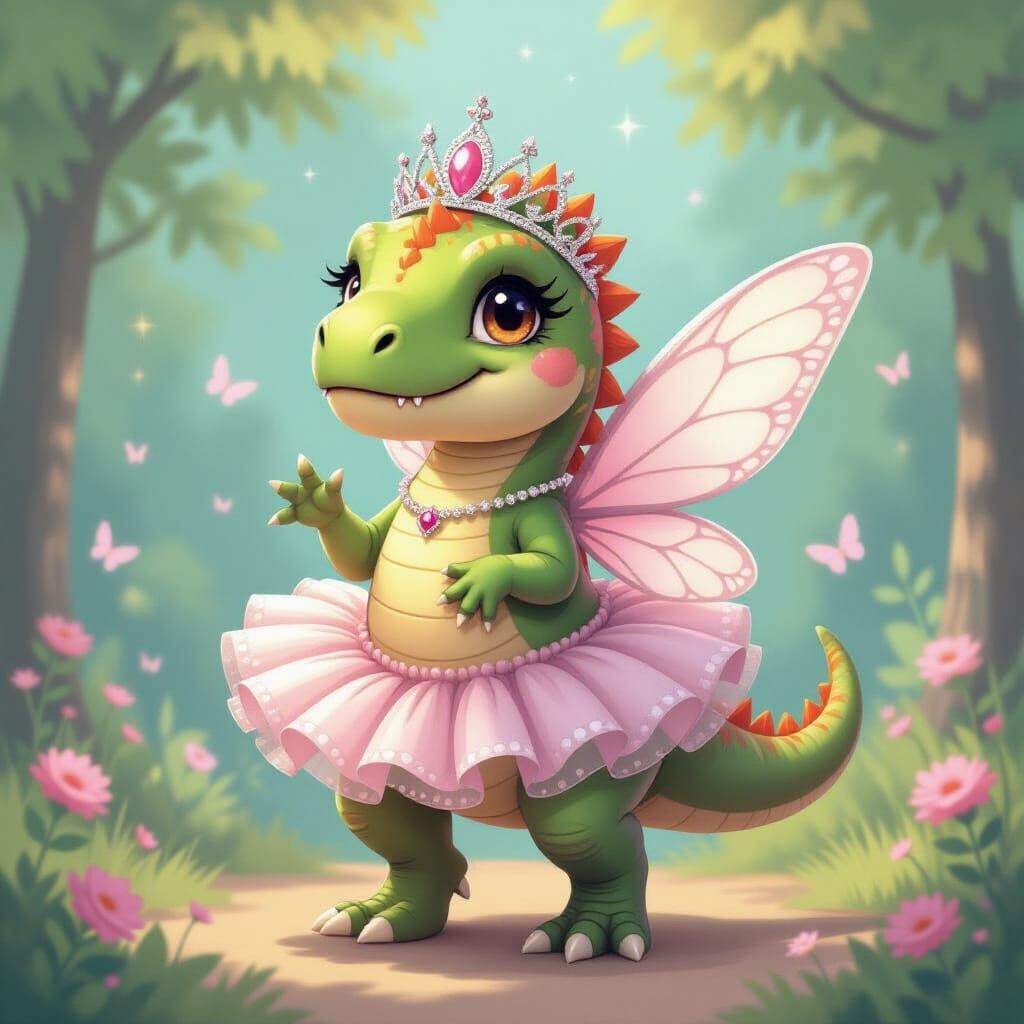 Charming T-Rex Fairy Princess in Whimsical Pastel Scene