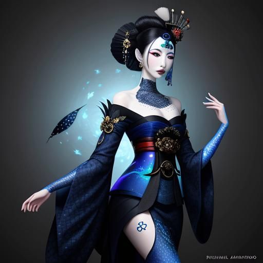 Geisha with Peacock Feathers: Holographic Astral Art
