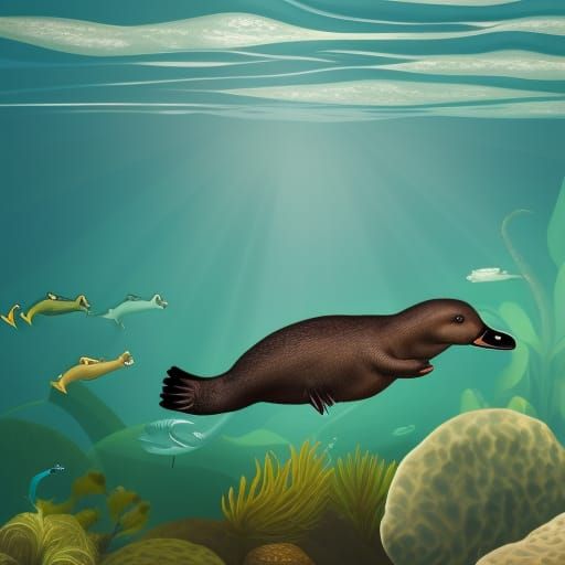 Duckbilled Platypus and Seahorses in Tropical Ocean