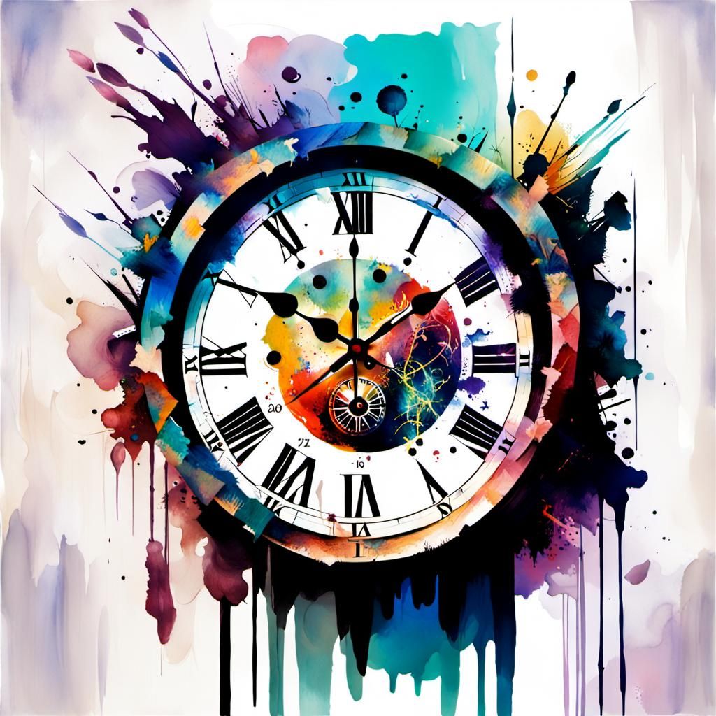 Modern Clock with Roman Numerals in Splash Art Style