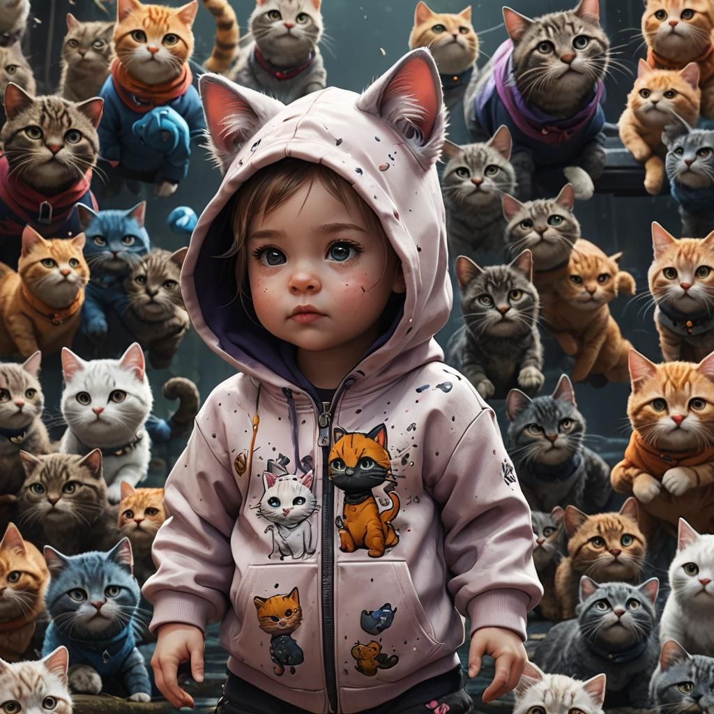 Cute Baby Girl in Cat Hoodie: Detailed Digital Art