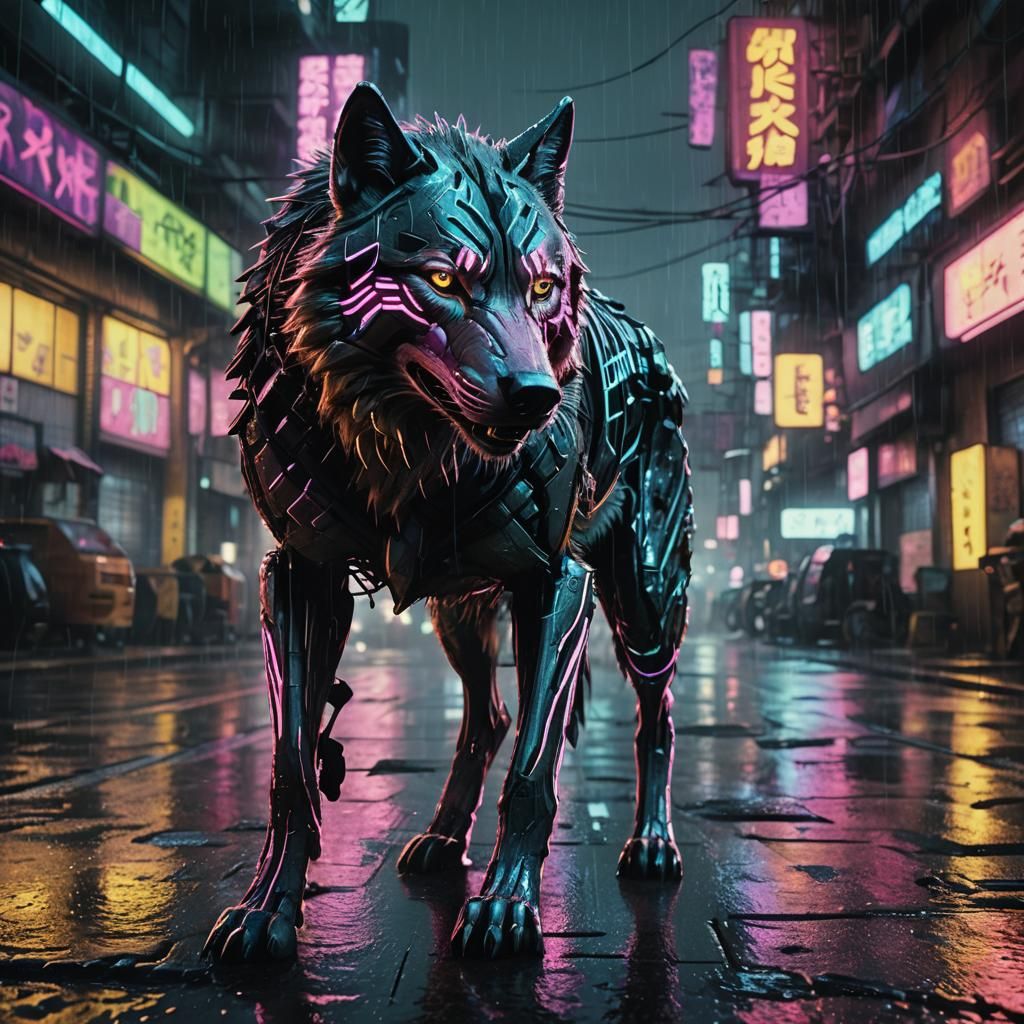 Cyberpunk Wolf Roams Dystopian Cityscape