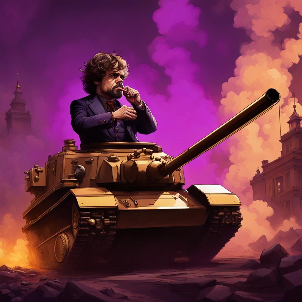 Peter Dinklage smoking a cigar and driving a tank