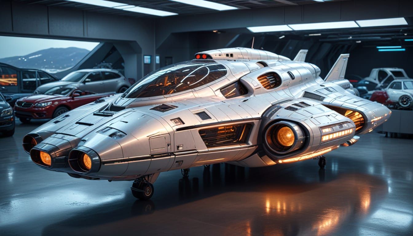 A used complex but small spaceship up for sale at a used car...