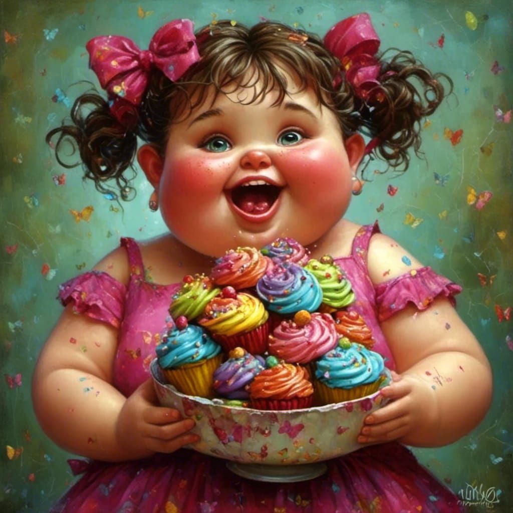 Chubby Girl Enjoying a Big Cupcake