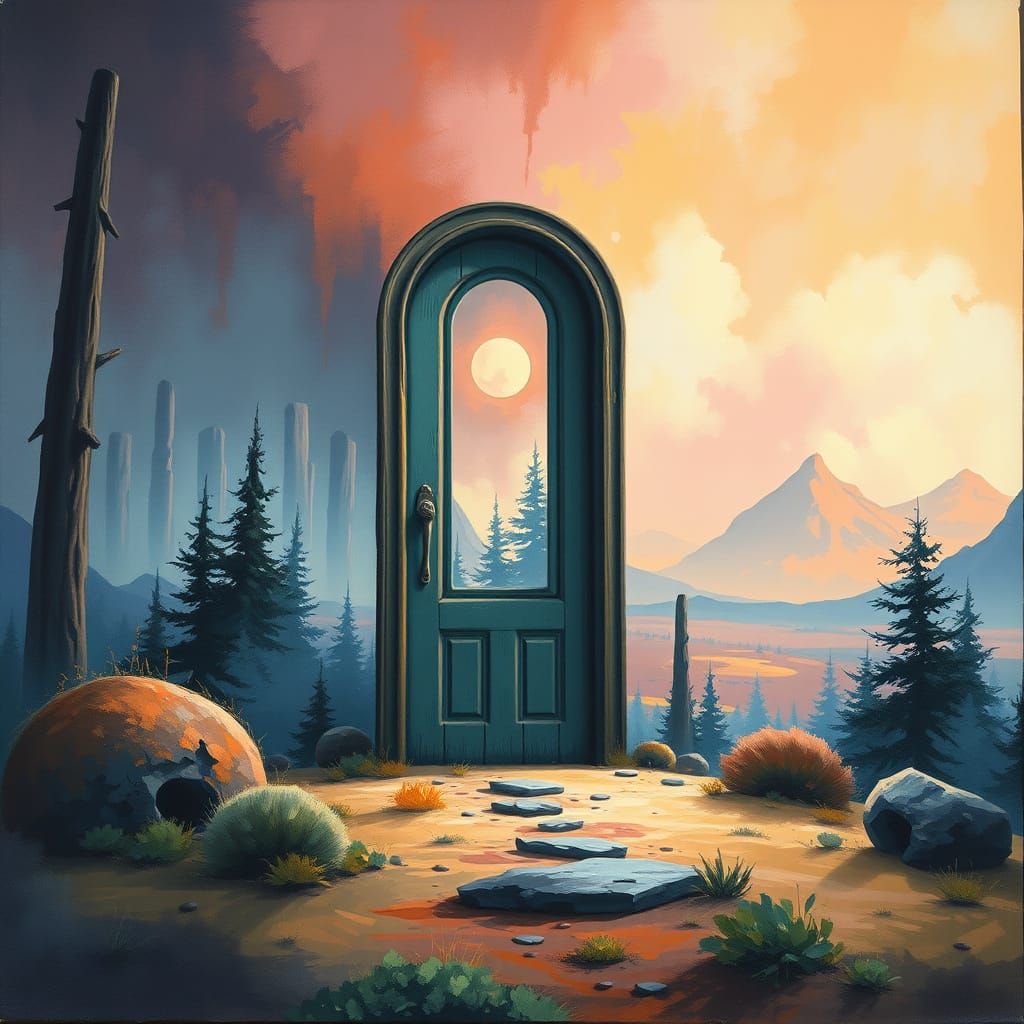 Surreal Door Reflects Landscape as Matte Painting