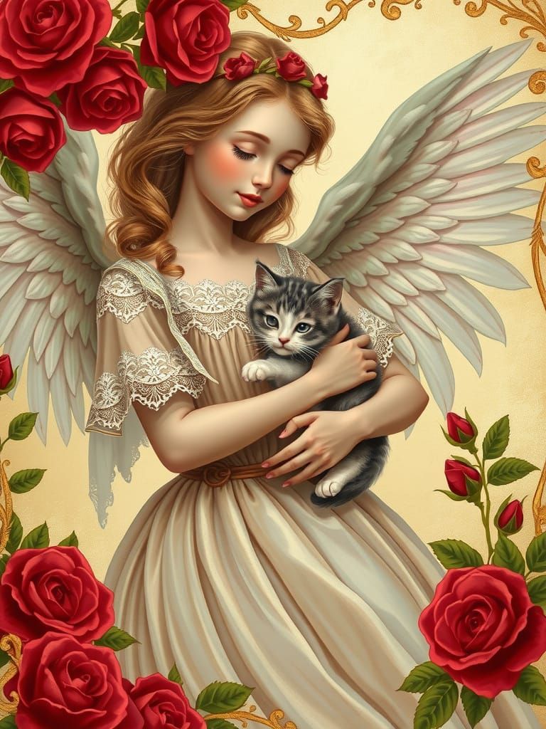 Ethereal Valentine Angel with Kitten in Pre-Raphaelite Style