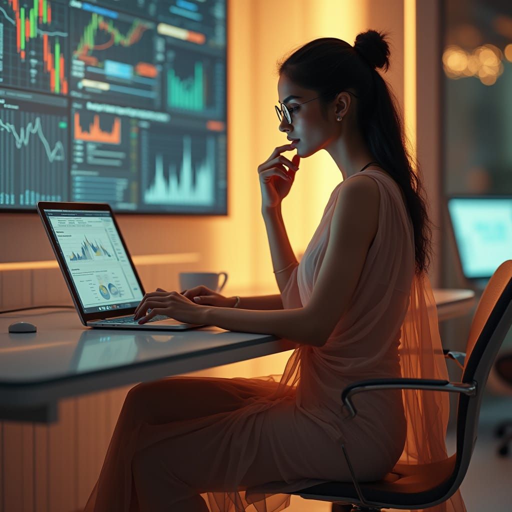 Futuristic Indian Woman in Saree, Desk, and Laptop, Seductiv...